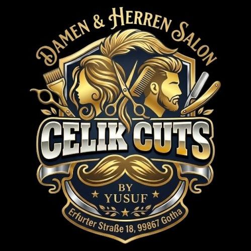 Logo des Celik Cuts Friseursalons mit stilisierten Frisuren und Friseutools.